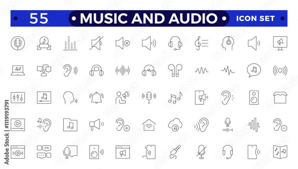 Music and Audio Outline icons set. Media, camera movie, voice, radio, music streaming, photography, headphones, cinema, podcast, broadcasting, content outline icon collection. Music and Audio Outline icons set. Media, camera movie, voice, radio, music streaming, photography, headphones, cinema, podcast, broadcasting, content outline icon collection.