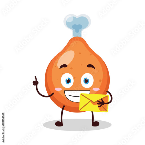 cute happy expression of chicken drumstick cartoon character bring envelope letter