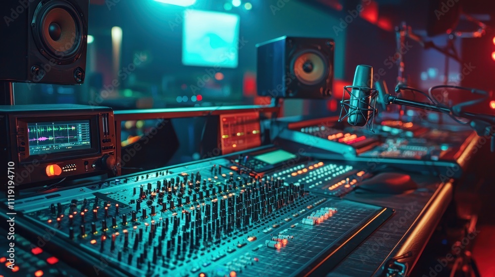 A radio studio with microphones, soundboards, and hosts preparing for a live broadcast. A radio studio with microphones, soundboards, and hosts preparing for a live broadcast.