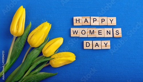 Celebrate International Women’s Day on March 8th with Vibrant Yellow Tulips and Scrabble Inspired Wooden Letter Tiles on a Bright Blue Background, Perfect for Inspirational Designs and Messages photo