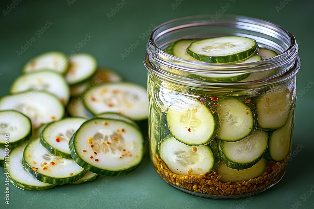 Sliced cucumbers in jar pickled with spices.