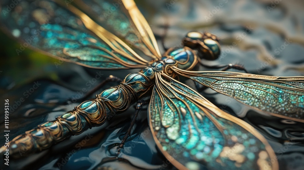 Fototapeta premium Metallic Dragonfly with Intricate Detail