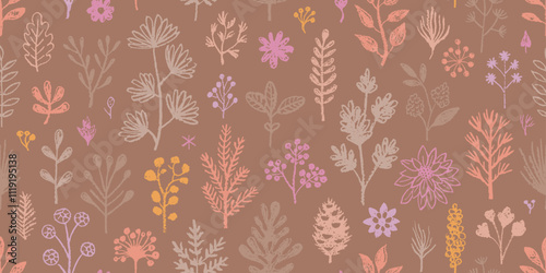 Mocha mousse color of year 2025 pattern. Flower background seamless mocha mousse coffee color vector texture. Brush crayon floral abstract pattern. Brown cute summer spring autumn bg. 2025 palette
