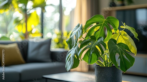 A rare monstera albo plant with stunning yealow variegation in a sleek, modern living photo