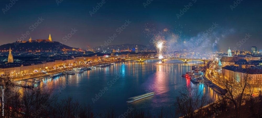 Budapest New Year's Eve Fireworks over Danube River Budapest New Year's Eve Fireworks over Danube River