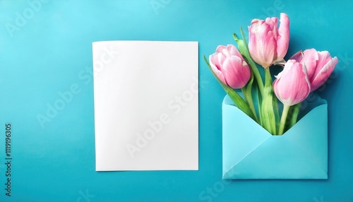 Celebrate Women’s Day, Mother’s Day, Spring, and Valentine’s Day. Pink Tulip Bouquet with Blue Envelope for Messages of Love, Gratitude, and Empowerment. Perfect for Cards and Invitations Copy Space