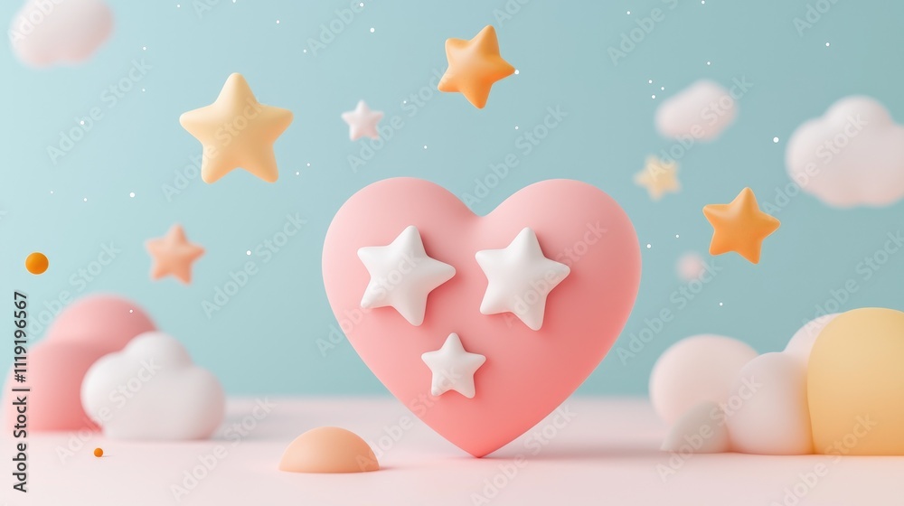 A Charming 3D Heart Surrounded by Floating Stars and Soft Clouds Creating a Whimsical and Dreamy Atmosphere Perfect for Illustrations and Designs A Charming 3D Heart Surrounded by Floating Stars and Soft Clouds Creating a Whimsical and Dreamy Atmosphere Perfect for Illustrations and Designs