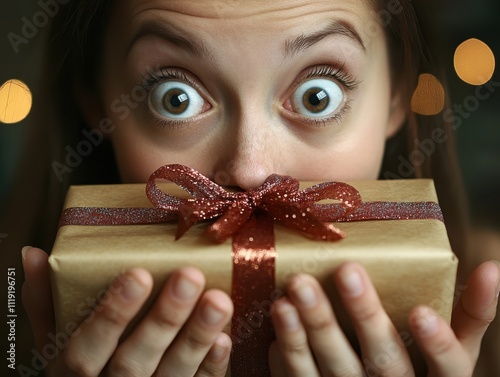 A woman gasping in shock while opening a surprise gift, theme of joyful astonishment, close up, living room, vibrant, Silhouette, holiday decorations photo