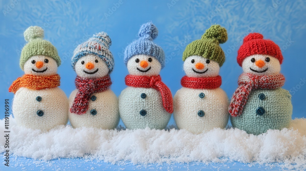 Little knitted snowmen with playful scarves and hats stand in soft snow, set against a smooth blue background. Little knitted snowmen with playful scarves and hats stand in soft snow, set against a smooth blue background.