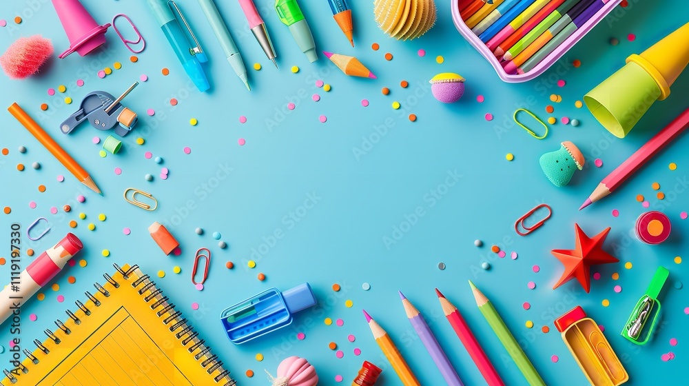 Composition with color pencils on blue background, top view, Ai Generative. Composition with color pencils on blue background, top view, Ai Generative.