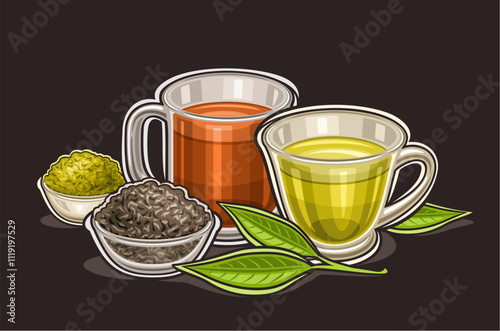 Vector logo for Tea Drink, horizontal poster with cartoon design traditional tea composition, decorative card with japanese green and black sri lankan tea in transparent teacups on black background