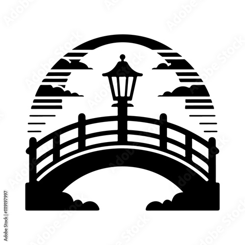 Bridge with lanterns black silhouette vector icon illustration