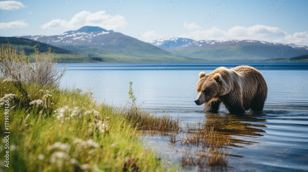 Brown bear wading in a mountain lake with scenic backdrop Brown bear wading in a mountain lake with scenic backdrop