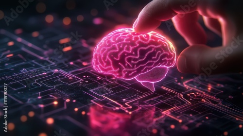 A specialist using AI for personalized marketing, blending human insight and technology, close up, innovation lab, futuristic, Multilayer, neon workspace