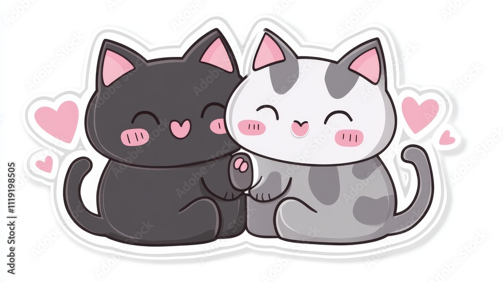 Cute cartoon vector-style drawing of two cats in love, on a white background, designed as a sticker. The drawing features simple lines, flat colors, and adorable shapes. The cats have pink heart-shape Cute cartoon vector-style drawing of two cats in love, on a white background, designed as a sticker. The drawing features simple lines, flat colors, and adorable shapes. The cats have pink heart-shape