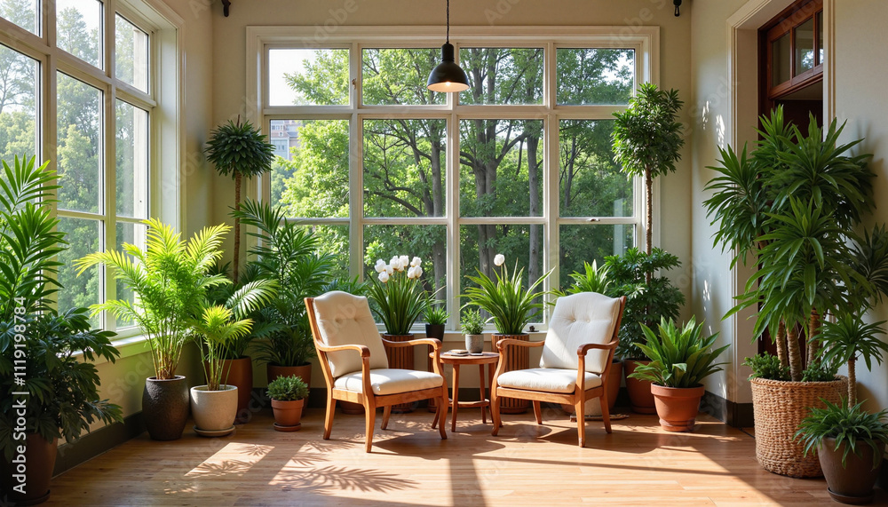 Sunlit indoor garden room with cozy seating and lush plants Sunlit indoor garden room with cozy seating and lush plants