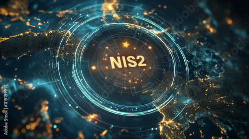 Europe map background, stars forming a cyrcle and inside NIS2, technology theme