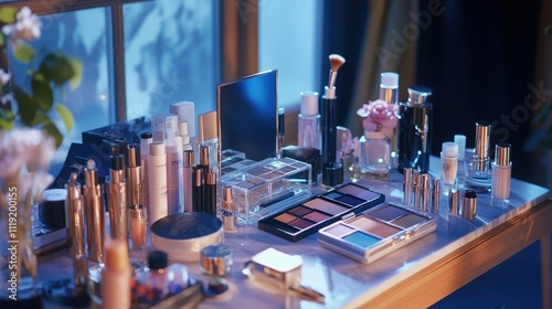 Makeup artist's table filled with high-quality tools and beauty products photo