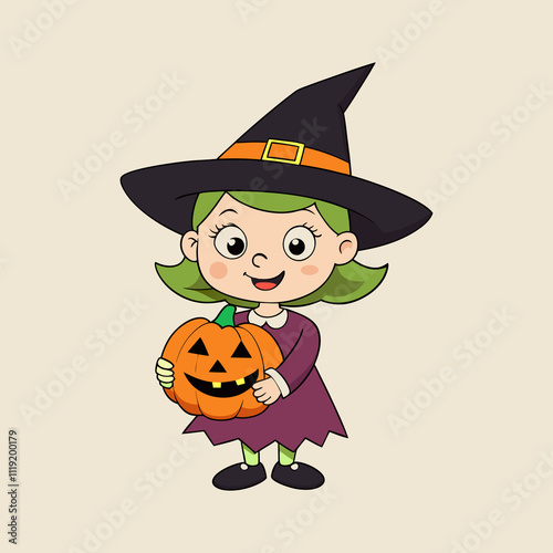 a cartoon drawing of a witch with a pumpkin on her head photo