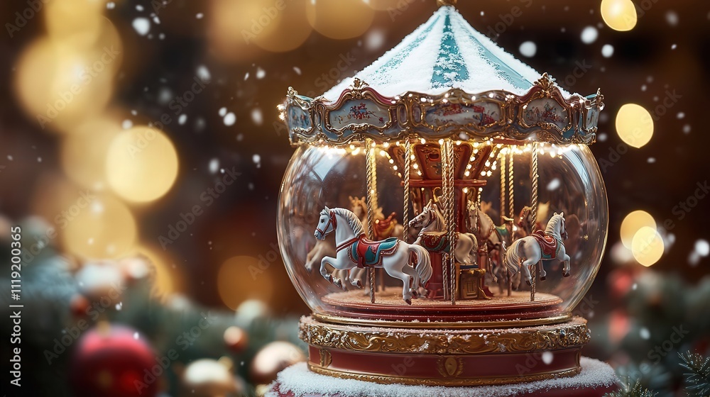 A charming snow globe showcasing a holiday carousel with tiny horses spinning as glittery snow swirls around