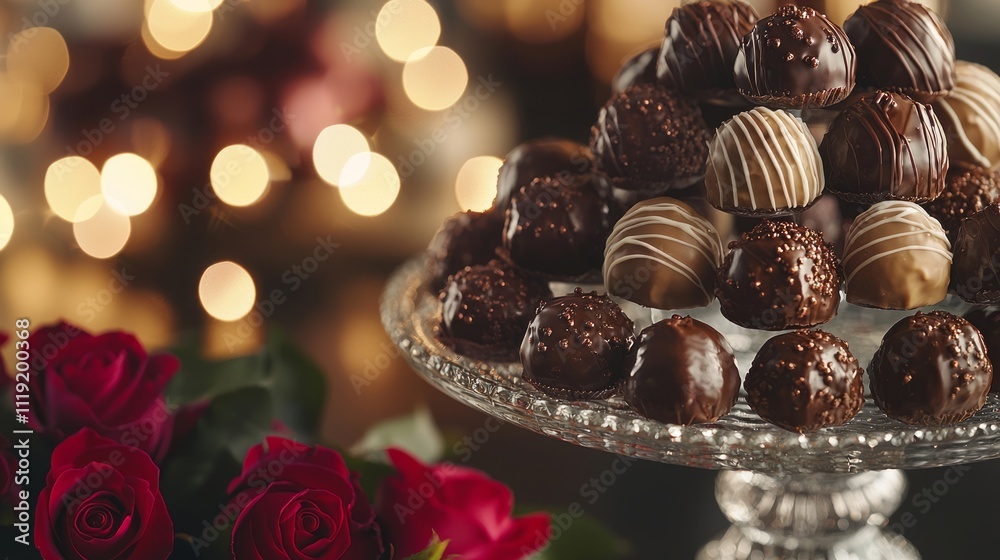 Champagne truffles displayed with rose stems: A luxurious pairing for a romantic celebration, Champagne truffles displayed with rose stems: A luxurious pairing for a romantic celebration,