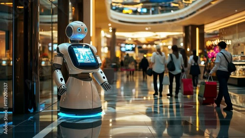 A humanoid robot stands in a busy shopping mall, interacting with visitors.