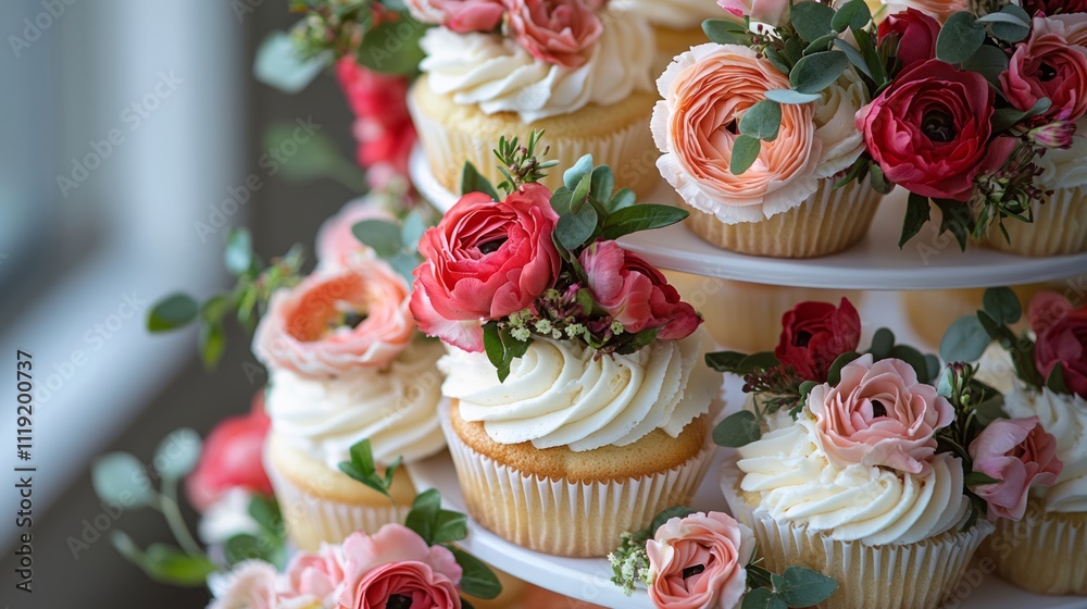 Cupcake tower adorned with Valentine's flowers: A multi-tiered display of cupcakes with fresh floral accents, Cupcake tower adorned with Valentine's flowers: A multi-tiered display of cupcakes with fresh floral accents,