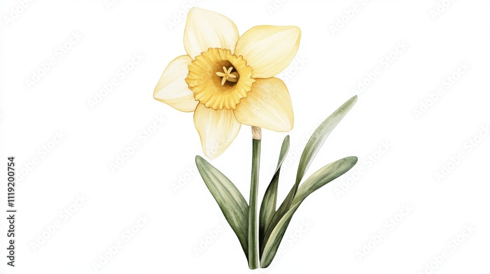 A watercolor clipart of a daffodil, a yellow flower with green leaves and stem, centered on a white background as an icon. The illustration is depicted in soft pastel colors that evoke the romanticism A watercolor clipart of a daffodil, a yellow flower with green leaves and stem, centered on a white background as an icon. The illustration is depicted in soft pastel colors that evoke the romanticism