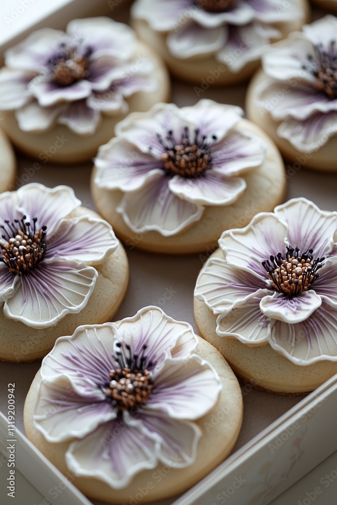 Delicate flower cookies displayed in an elegant gift box: A sweet and floral Valentine's treat, Delicate flower cookies displayed in an elegant gift box: A sweet and floral Valentine's treat,