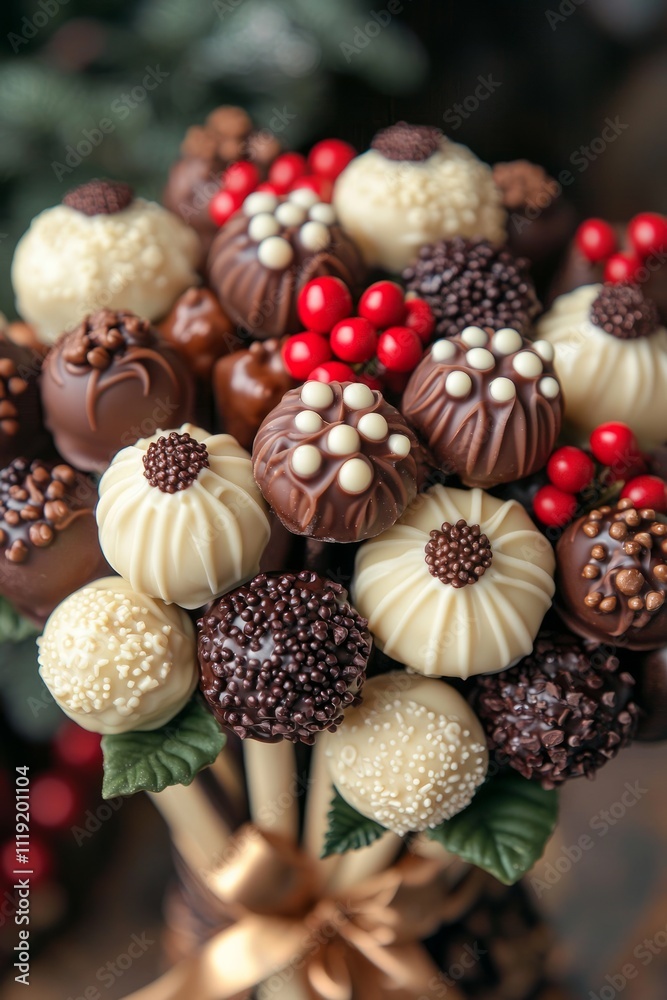 Floral chocolates arranged like a bouquet: Chocolates styled to mimic a floral arrangement, Floral chocolates arranged like a bouquet: Chocolates styled to mimic a floral arrangement,
