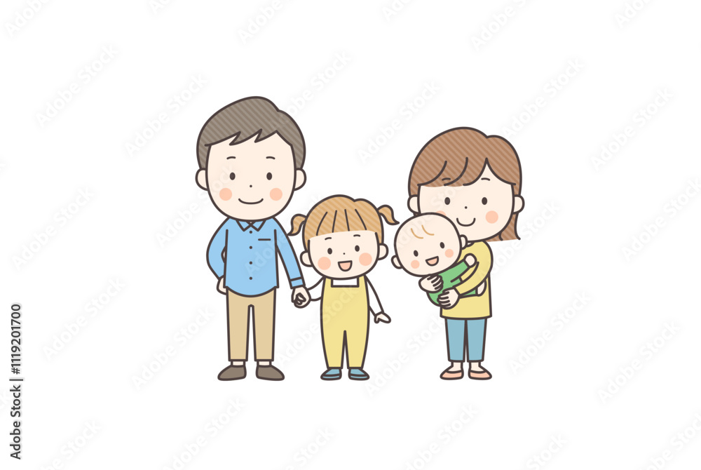 若い夫婦と子ども2人の4人家族のベクターイラスト素材 若い夫婦と子ども2人の4人家族のベクターイラスト素材