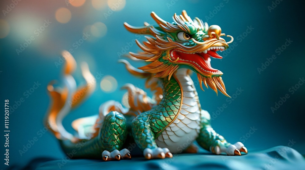 A vibrant green dragon figurine against a soft teal backdrop, perfect for fantasy-themed events, year of the dragon celebrations, or whimsical decorations. A vibrant green dragon figurine against a soft teal backdrop, perfect for fantasy-themed events, year of the dragon celebrations, or whimsical decorations.