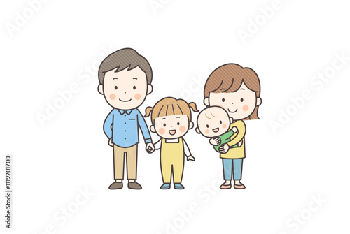 若い夫婦と子ども2人の4人家族のベクターイラスト素材