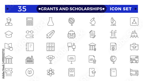 Grants and Scholarships outline icon set. Containing education, research, academic, degree, discipline, bachelor, post graduate icon. Scholarship financial aid, grant, fellowship, award, icon.