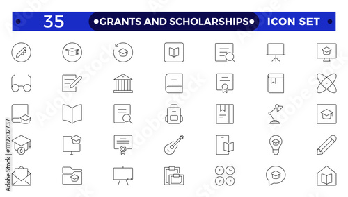 Grants and Scholarships outline icon set. Containing education, research, academic, degree, discipline, bachelor, post graduate icon. Scholarship financial aid, grant, fellowship, award, icon.