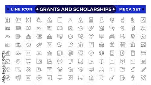 Grants and Scholarships outline icon set. Containing education, research, academic, degree, discipline, bachelor, post graduate icon. Scholarship financial aid, grant, fellowship, award, icon.