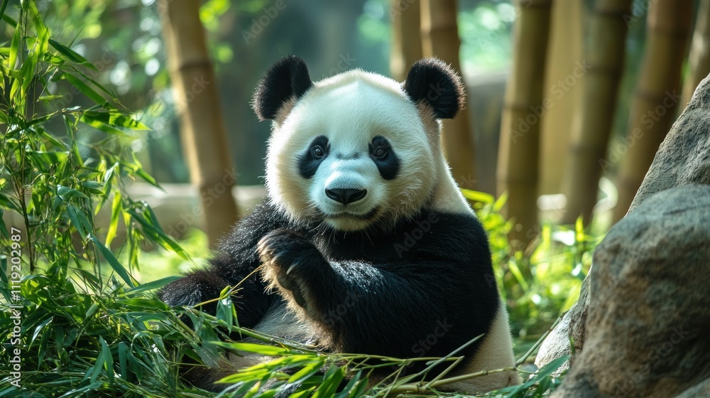 Obraz premium A Curious Panda in a Bamboo Forest