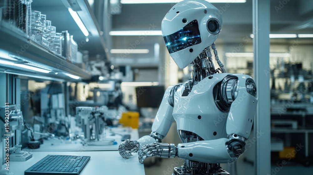 Advanced humanoid robot working in a modern laboratory setting on a computer. Advanced humanoid robot working in a modern laboratory setting on a computer.