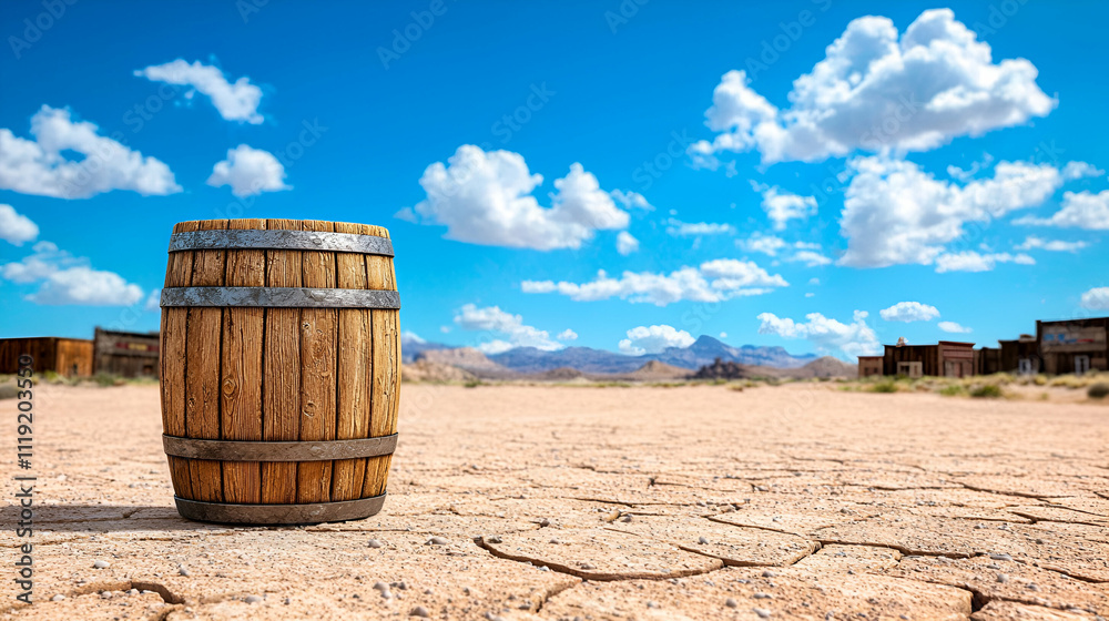 A solitary wooden barrel stands on cracked earth under a bright blue sky with fluffy clouds, evoking a sense of desolation and the wild west. A solitary wooden barrel stands on cracked earth under a bright blue sky with fluffy clouds, evoking a sense of desolation and the wild west.