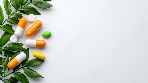 A collection of colorful capsules and tablets arranged beside fresh green leaves on a clean, white background.