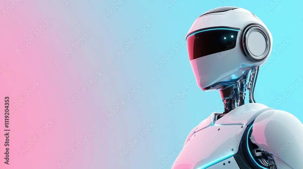 A futuristic robot with a sleek design stands against a gradient background of blue and pink, showcasing advanced technology and artificial intelligence. A futuristic robot with a sleek design stands against a gradient background of blue and pink, showcasing advanced technology and artificial intelligence.