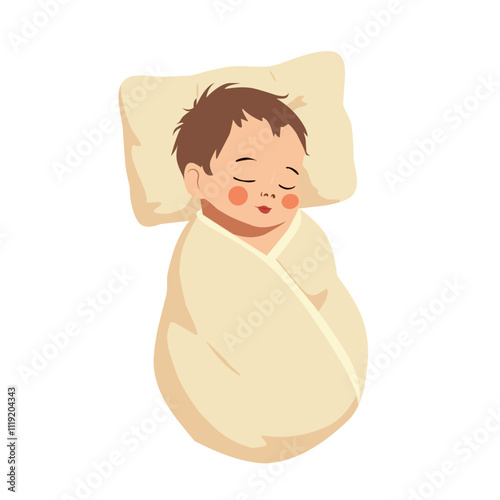 Adorable vector illustration of a sleeping baby wrapped in a soft blanket with a pillow. Perfect for baby-themed designs, parenting projects, or nursery decorations.