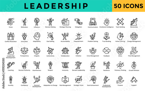 Leadership icons set with vision, motivation, influence, decision making, strategic planning, delegation, communication, emotional intelligence, team building, mentorship icon. Simple line vector 
