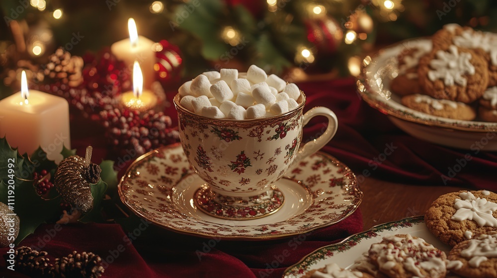A cozy Christmas table displays a hot cocoa cup with marshmallows, alongside a plate of festive cookies and holiday candles