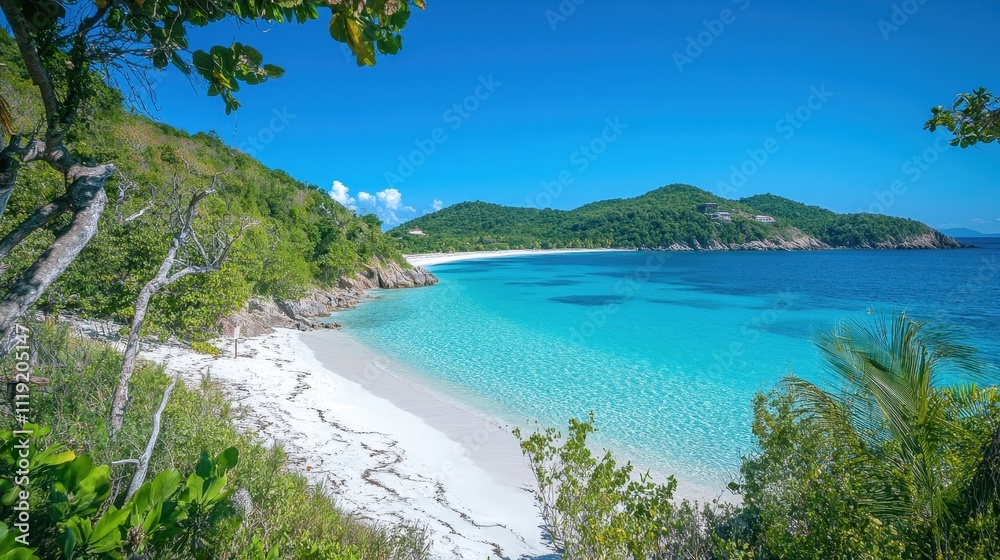 Secluded white sand beach with crystal-clear turquoise water, lush tropical foliage. Ideal for travel, tourism, and vacation websites; evokes relaxation and paradise. Secluded white sand beach with crystal-clear turquoise water, lush tropical foliage. Ideal for travel, tourism, and vacation websites; evokes relaxation and paradise.