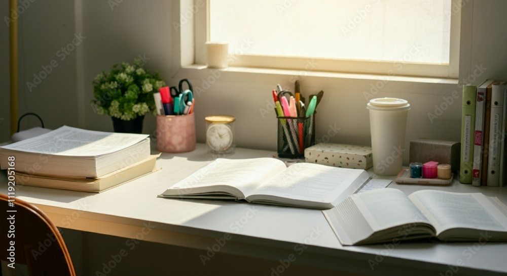 Study Desk with Open Textbooks and Laptop for Learning Study Desk with Open Textbooks and Laptop for Learning