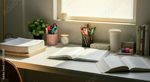 Study Desk with Open Textbooks and Laptop for Learning