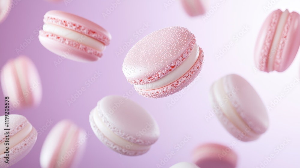 Obraz premium Floating pink and white macarons against a soft purple background create a whimsical, delightful confectionery scene.