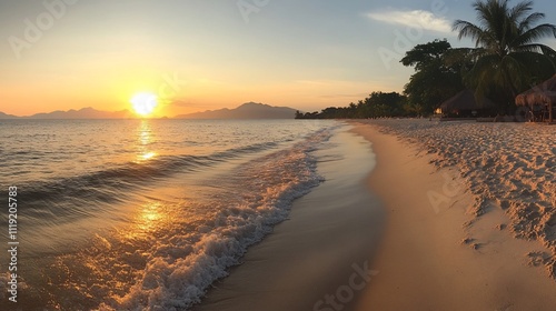 Sunset over tropical beach with calm waves and palm trees.