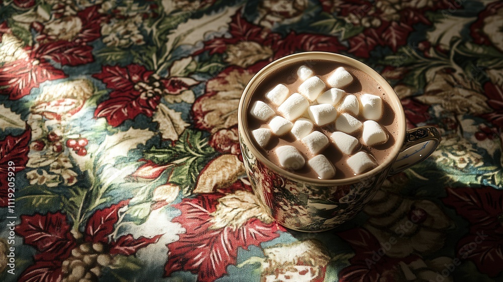 A cup of hot chocolate with marshmallows melting on top sits on a holiday-themed tablecloth, creating a perfect Christmas Day treat A cup of hot chocolate with marshmallows melting on top sits on a holiday-themed tablecloth, creating a perfect Christmas Day treat